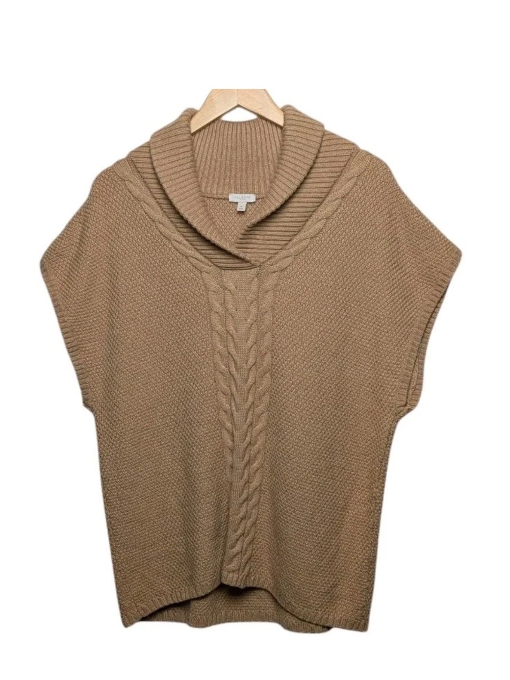 Talbots Camel Cable-Front Shawl Collar Sweater Poncho Wool Blend